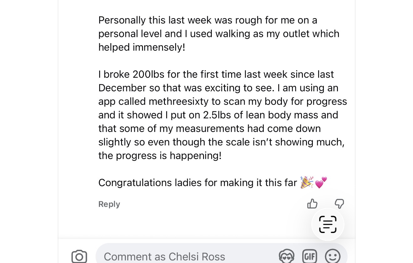 Message from a woman using the Fat Loss Blueprint describing her results