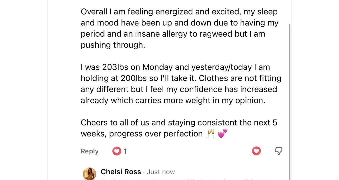 Message from a woman using the Fat Loss Blueprint describing her results