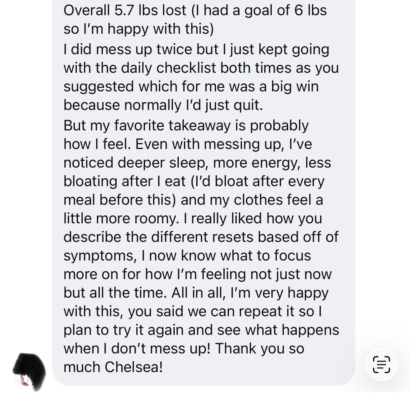Message from a woman using the Fat Loss Blueprint describing her results