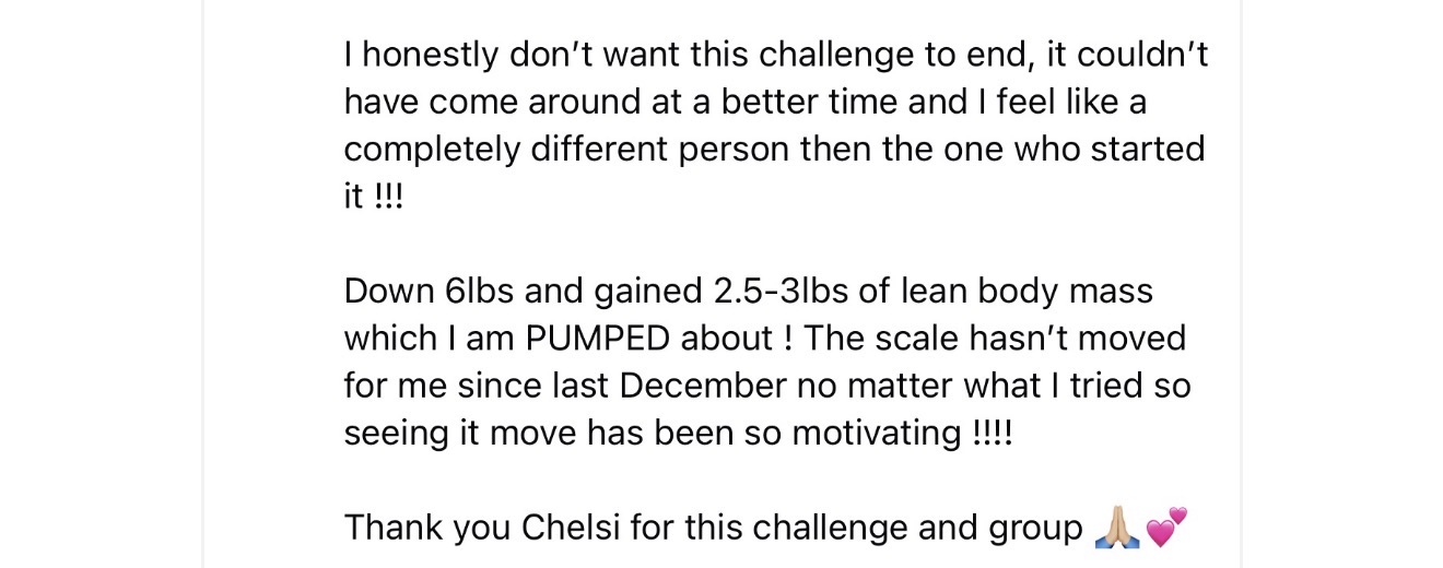 Message from a woman using the Fat Loss Blueprint describing her results