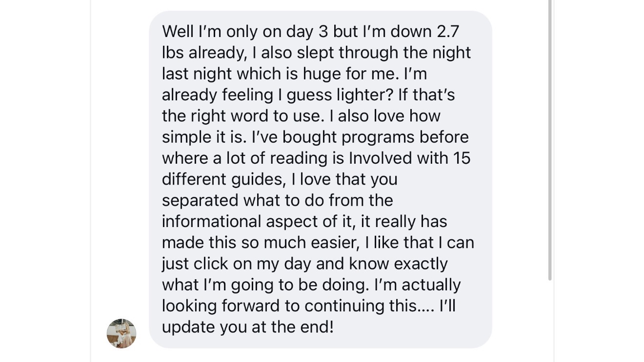 Message from a woman using the Fat Loss Blueprint describing her results