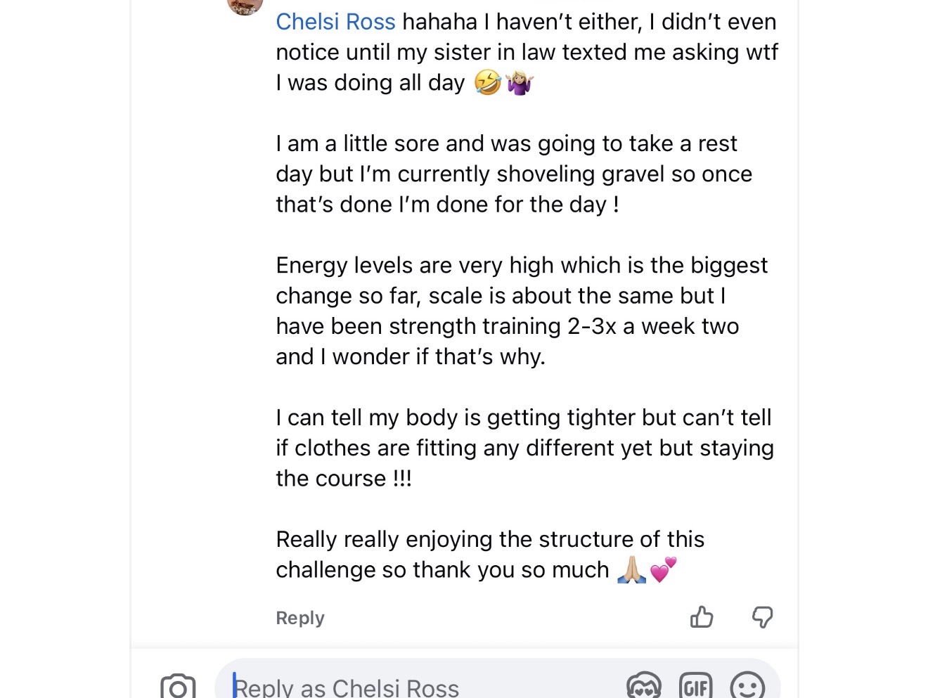 Message from a woman using the Fat Loss Blueprint describing her results